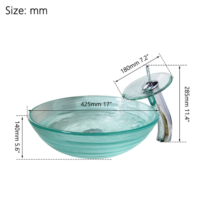YANKSMART Transparent Tempered Glass Round Bathroom Basin Sink Faucet Set Washbasin Vessel Vanity with Mixer Waterfall Faucets