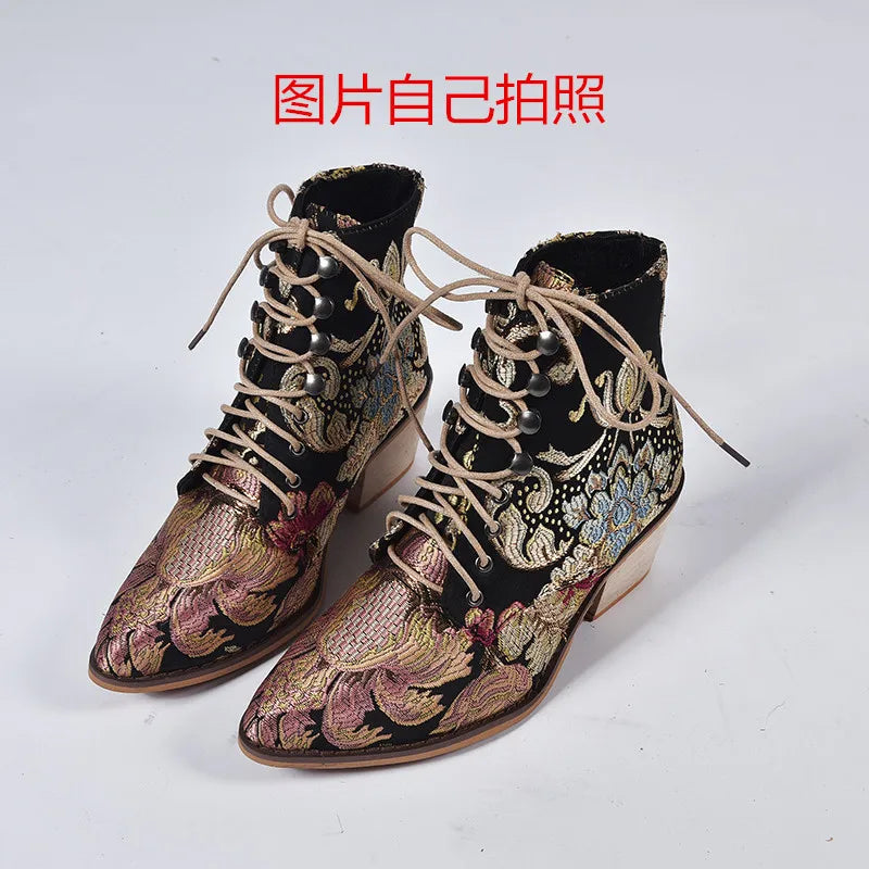 Women Luxury Silk Embroidered Lace Up  Ankle Boots Autumn/Winter