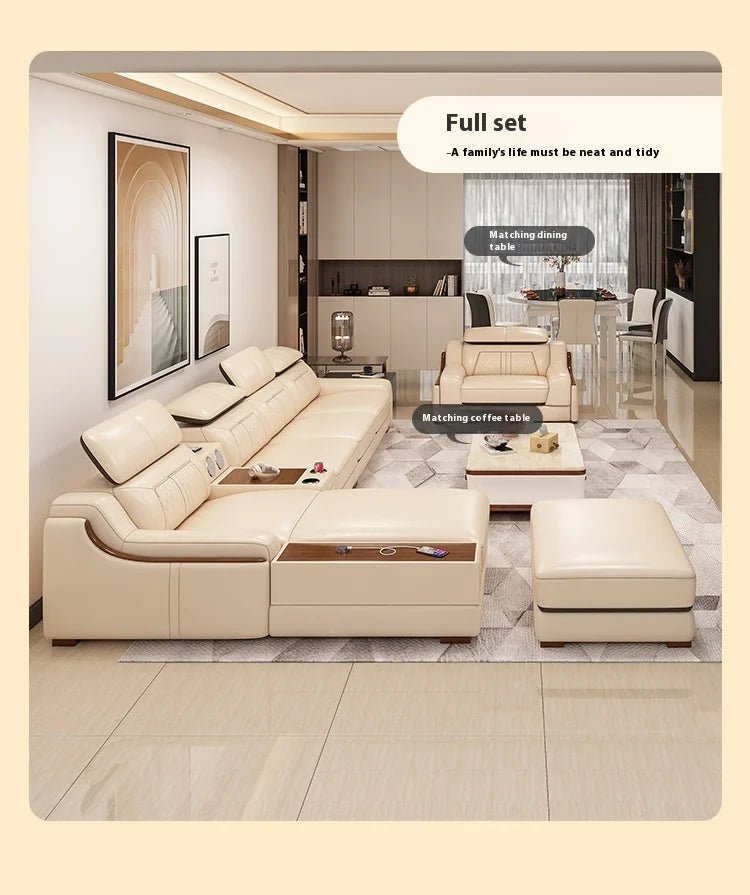 Stylish Italian Genuine Leather Sofa for Living Room with Cup Holder, USB, Adjustable Headrests & Bluetooth Speaker - Lazy Sofa