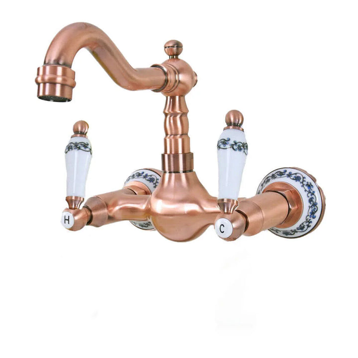 Antique Red Copper Brass Bathroom Kitchen Sink Faucet Mixer Tap Swivel Spout Wall Mounted Dual Ceramic Flower Levers Base mrg029
