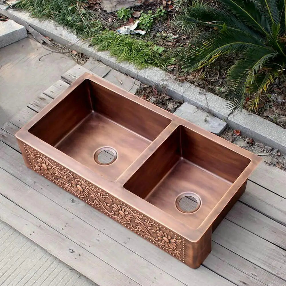 MAEBOW Antique Copper Regtangular Apron Front Double Bowls Artistic Kitchen Sink Farmhouse Sink