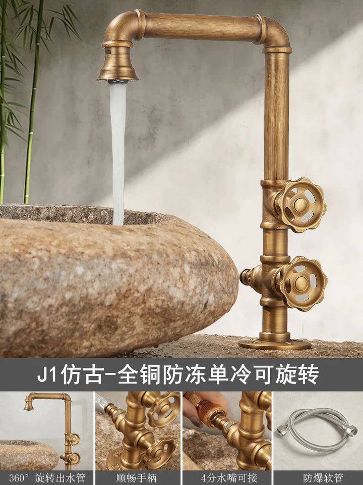 Outdoor Antifreeze Faucet Antique Brass Balcony Wash Basin Single Cooling Faucet Vanity 360°Swivel Rotate Spout Only Cold Tap