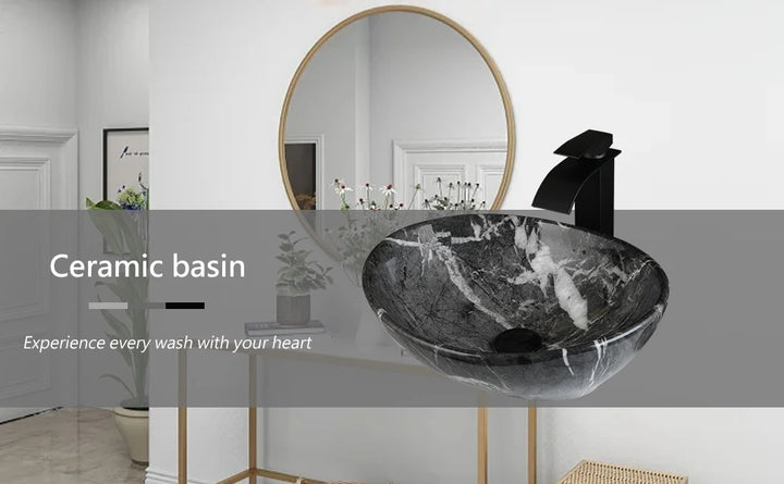KEMAIDI Oval Vessel Sink with Faucet White Marbling Bathroom Vessel Sinks Above Counter  Ceramic Vessel Sinks for Bathroom Mixer
