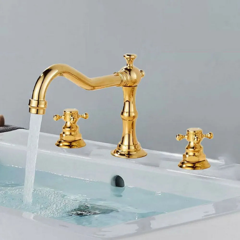 Bathroom Basin Faucet 3 Hole Deck Mounted Dual Handle Hot Cold Mixer Water Tap Brass Basin Sink Faucet Nzh041