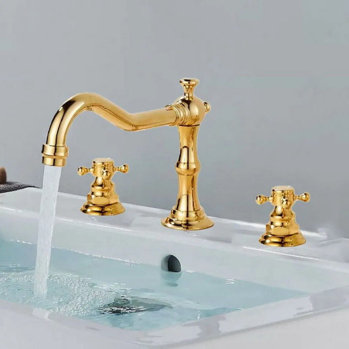 Bathroom Basin Faucet 3 Hole Deck Mounted Dual Handle Hot Cold Mixer Water Tap Brass Basin Sink Faucet Nzh041