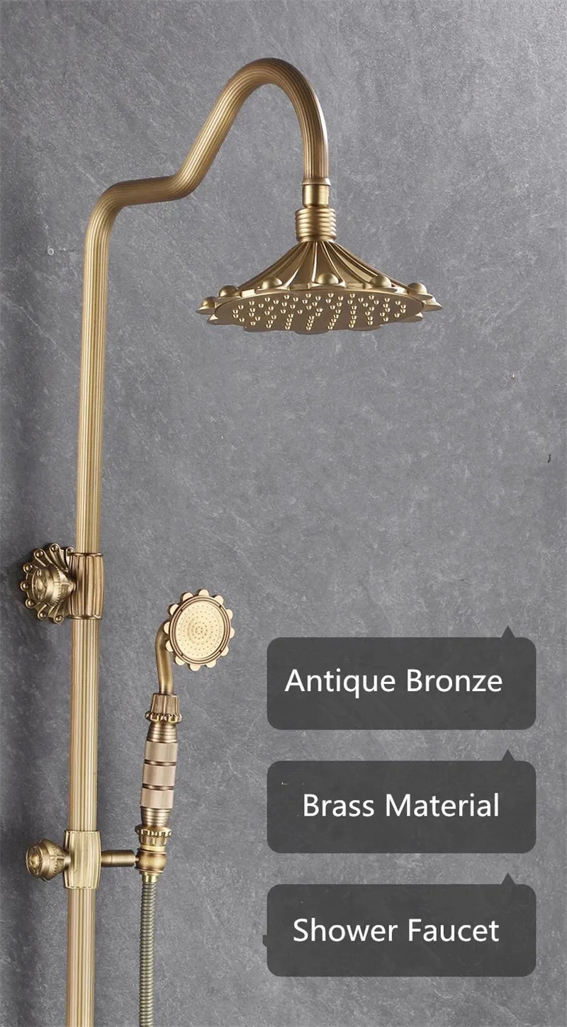 Antique Bronze Carved Bathroom Shower Faucet Set Wall Mounted Bathtub and Shower Faucet Cold & Hot Bath Shower Mixer Tap Brass