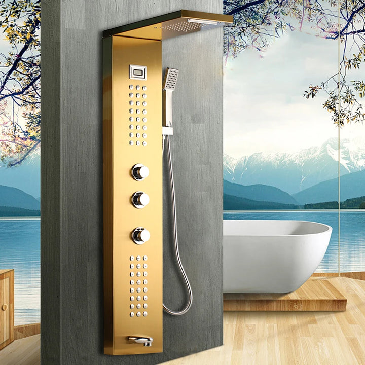 KEMAIDI Black Column  Shower Faucet Bath Shower System Temperature Digital Display LED Shower Panel Body Massage Jets 12 Choice