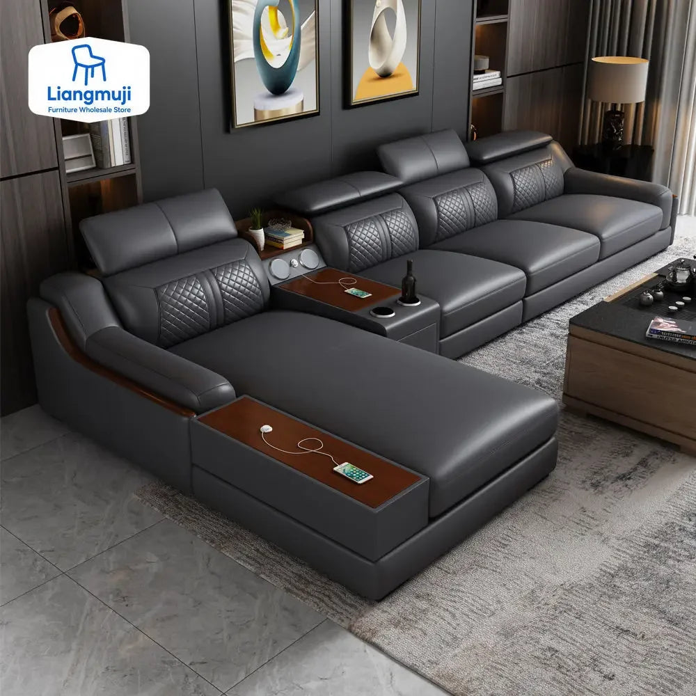Stylish Italian Genuine Leather Sofa for Living Room with Cup Holder, USB, Adjustable Headrests & Bluetooth Speaker - Lazy Sofa
