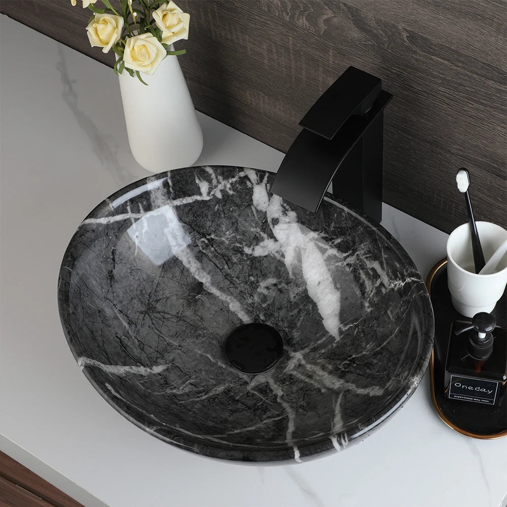 KEMAIDI Oval Vessel Sink with Faucet White Marbling Bathroom Vessel Sinks Above Counter  Ceramic Vessel Sinks for Bathroom Mixer