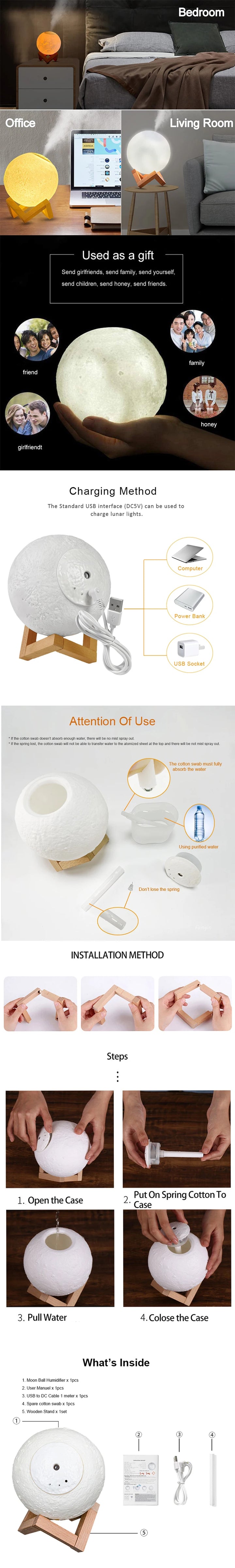 800ml Moon Essential Oil Aroma Diffuser USB Power Cord Ultrasonic Noiseless Cool Mist  Adjustable Color Lights Air Humidifier
