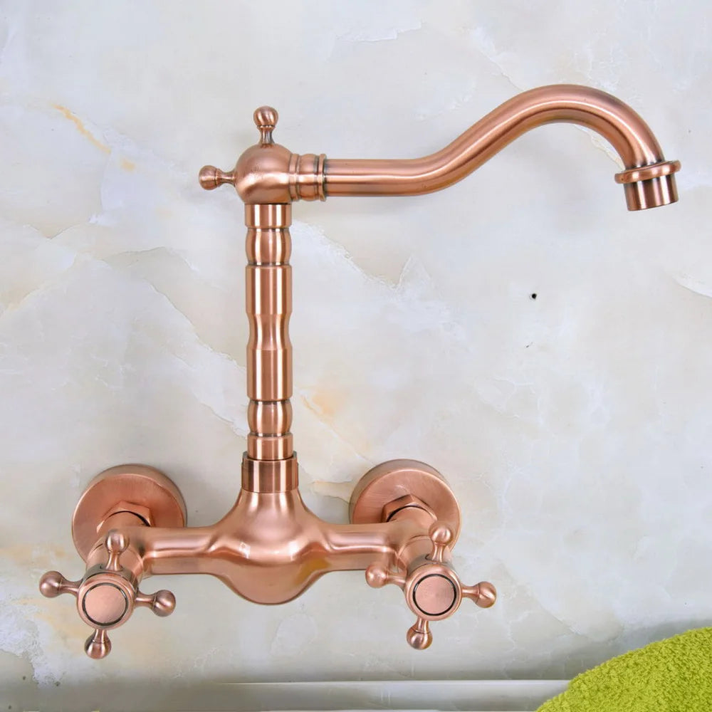 Wall Mounted Antique Red Copper Brass Bathroom Kitchen Swivel Spout Faucet Mixer Water Tap anf945