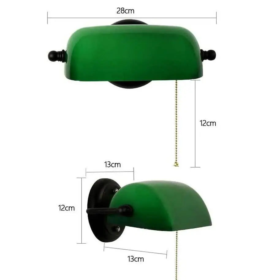 Green Glass Bankers Lamp Shade Adjustable Wall Light with Pull Chain Switch Hard Wired for Bedroom Sconce Fixture