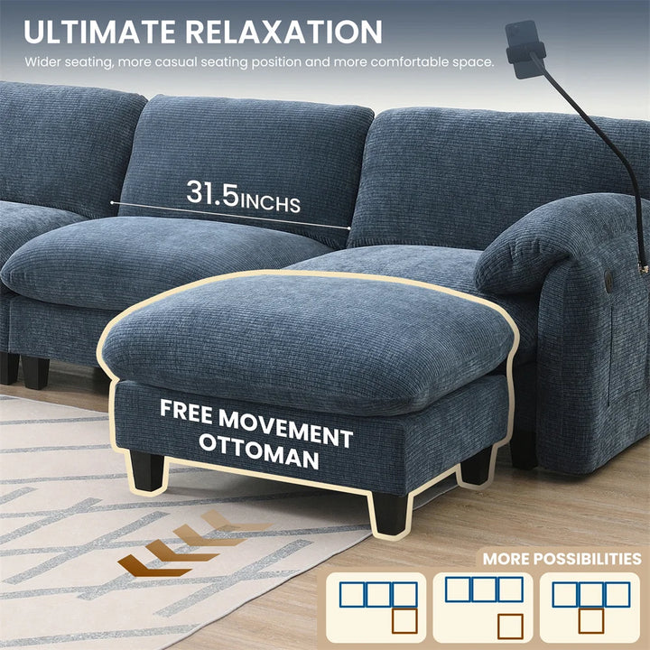 Sectional Sofa Couch with Ottoman Wholesale L-Shape with Extra-Wide Seat Cushion USB Type-C Charger Phone Holder Modular