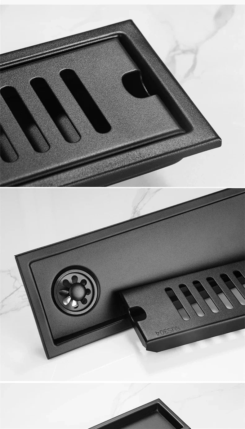 Black Floor Drain 304 Stainless Steel Shower Drain Long Strip Odor Proof Bathroom Floor Drainage Large Displacement
