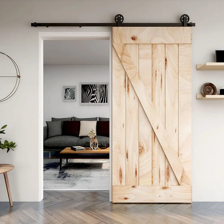 TSMST Heavy Duty Barn Door Hardware Kit for Wood Single Barn Door Black Industrial Rail + Middle Wheel  T Shape Roller