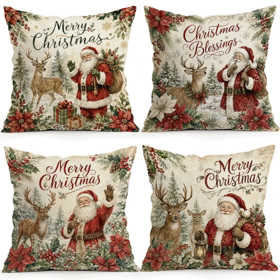 1/4pcs Vintage Watercolor Santa Claus Polyester Cushion