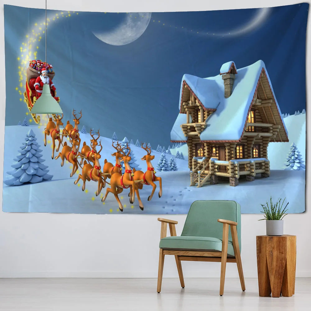 Christmas tapestry, winter snow view, Santa Claus, elk fireplace, room art decoration, wall hanging cloth,