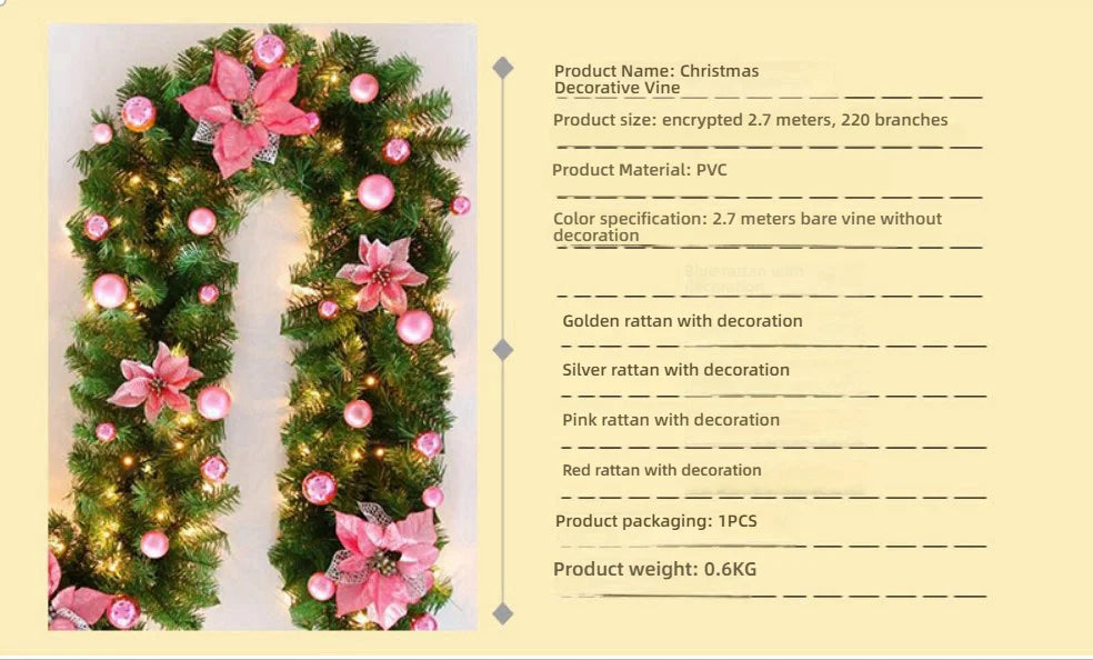 270cm Christmas LED Rattan Garland Decorative For Staircase Fireplace Christmas Decoration Xmas Tree Rattan Banner Home Pendant