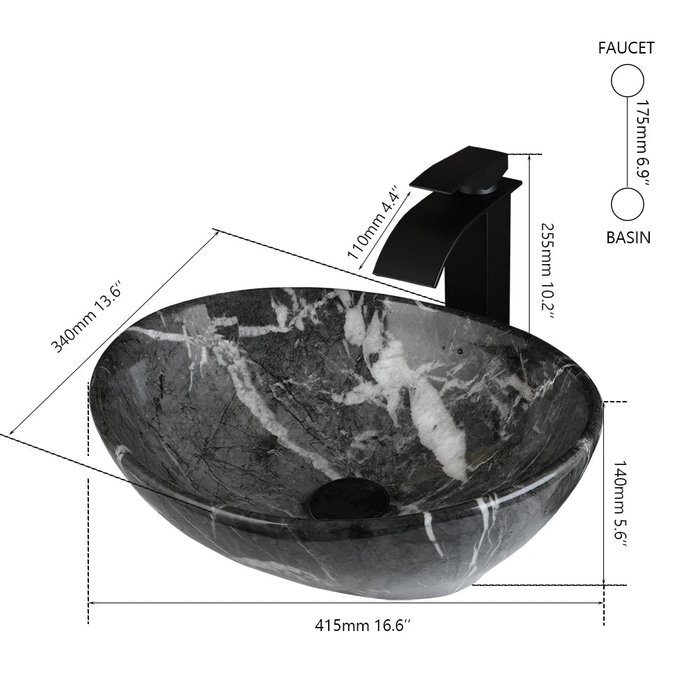 KEMAIDI Oval Vessel Sink with Faucet White Marbling Bathroom Vessel Sinks Above Counter  Ceramic Vessel Sinks for Bathroom Mixer