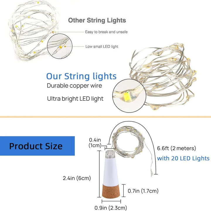 5-pack 2m Cork Bottle Fairy Lights USB Rechargeable Christmas Garland String Lights for Bedroom Room Home Wedding Party Decor