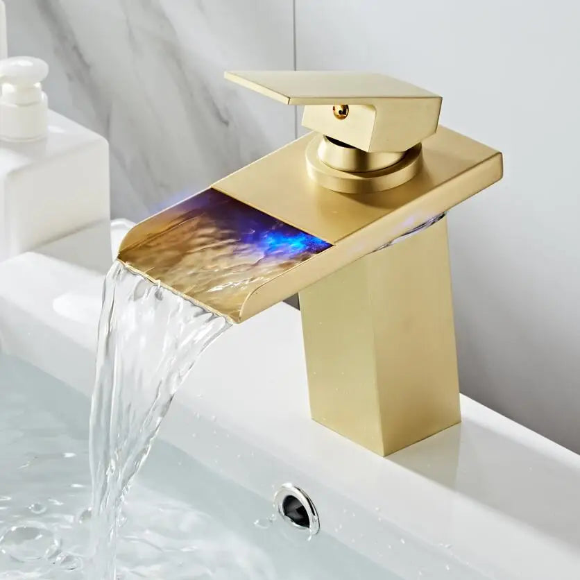 Brushed Gold LED Basin Faucet Waterfall Sink Taps Color Changing Temperature Bathroom Mixer Brass Cold Hot Tap