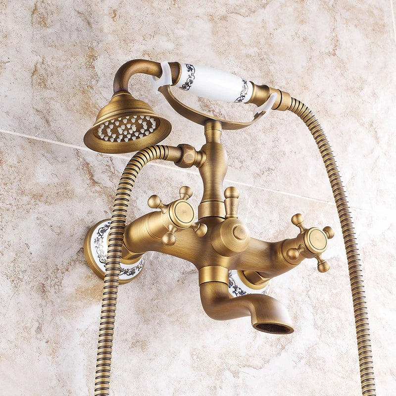 Antique Luxury Bathroom Shower Faucet Copper Black Bathtub Faucet Shower Set Wall Mounted 2 Handles Shower