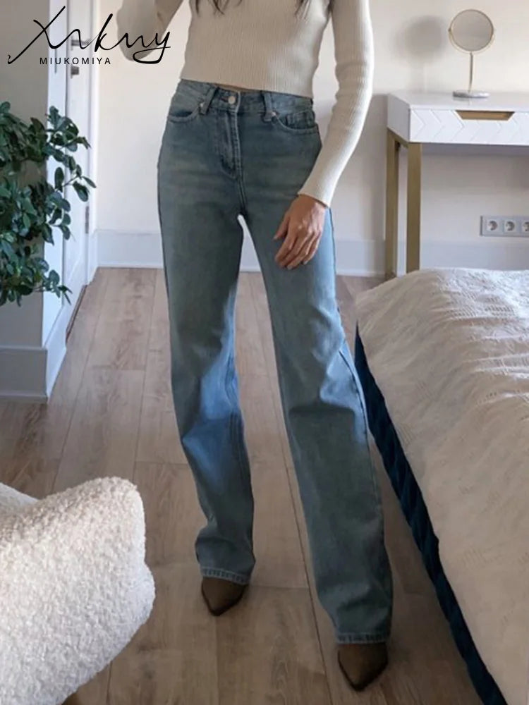 MiuKoMiYa Straight Leg Jeans For Women High Waist Gray Long Wide Denim Pants Vintage Blue Boyfriend Jeans