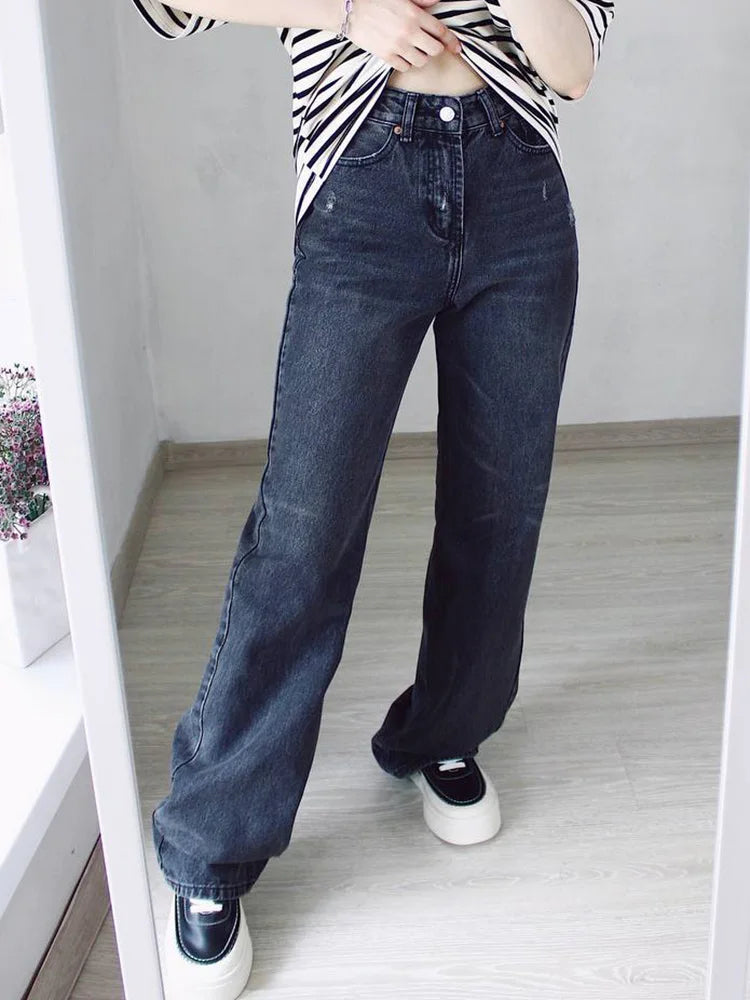 MiuKoMiYa Straight Leg Jeans For Women High Waist Gray Long Wide Denim Pants Vintage Blue Boyfriend Jeans