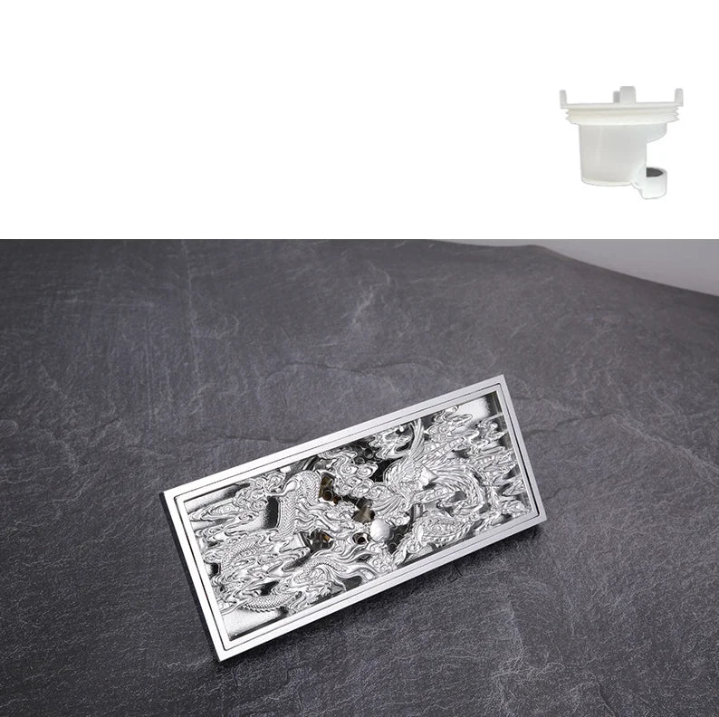Bathroom Floor Drain Copper Antique Dragon Phoenix Picture Cover Large Displacement Floor Drain 20cm Long Strip Odor-Proof Drain