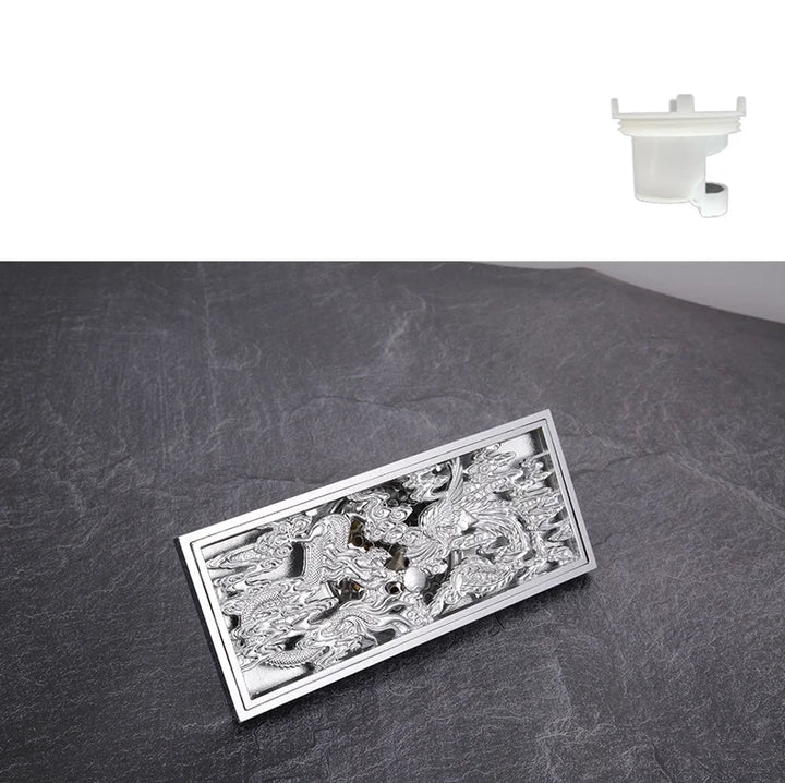 Bathroom Floor Drain Copper Antique Dragon Phoenix Picture Cover Large Displacement Floor Drain 20cm Long Strip Odor-Proof Drain