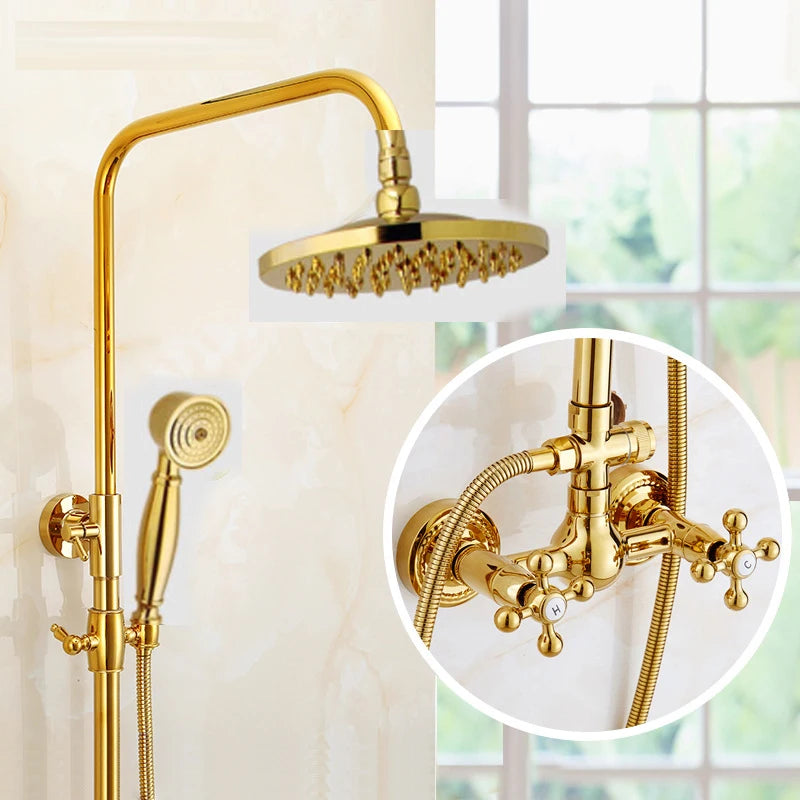 Luxury NEW Bathroom Surface Mount Brass Rainfall Shower Faucet Set Antique Brass with Handshower + Tub Spout + 8" shower head