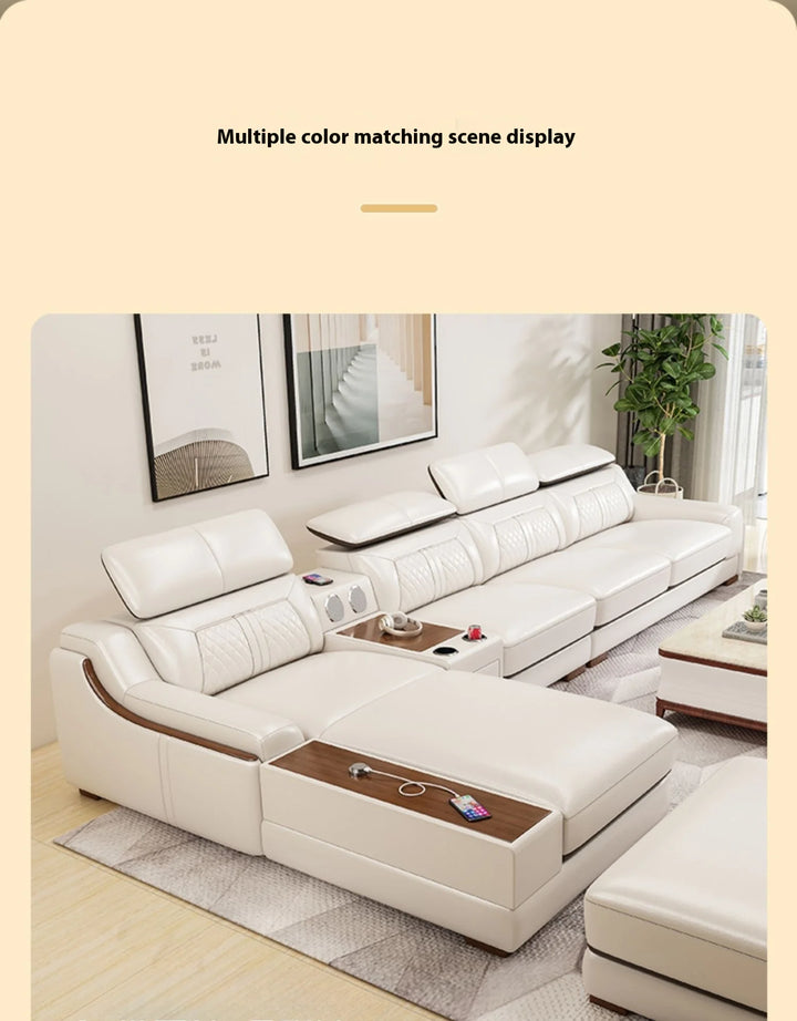 Stylish Italian Genuine Leather Sofa for Living Room with Cup Holder, USB, Adjustable Headrests & Bluetooth Speaker - Lazy Sofa