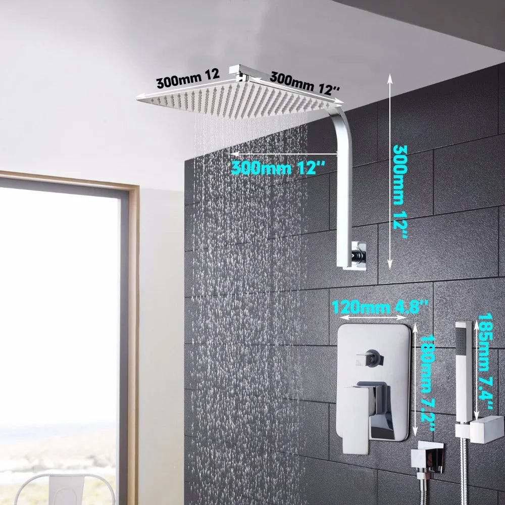 Torayvino Bathroom Shower Set LED Square Rainfall Shower Head Wall Mounted W/ Control Valve Hand Sprayer Chrome Polished Kit