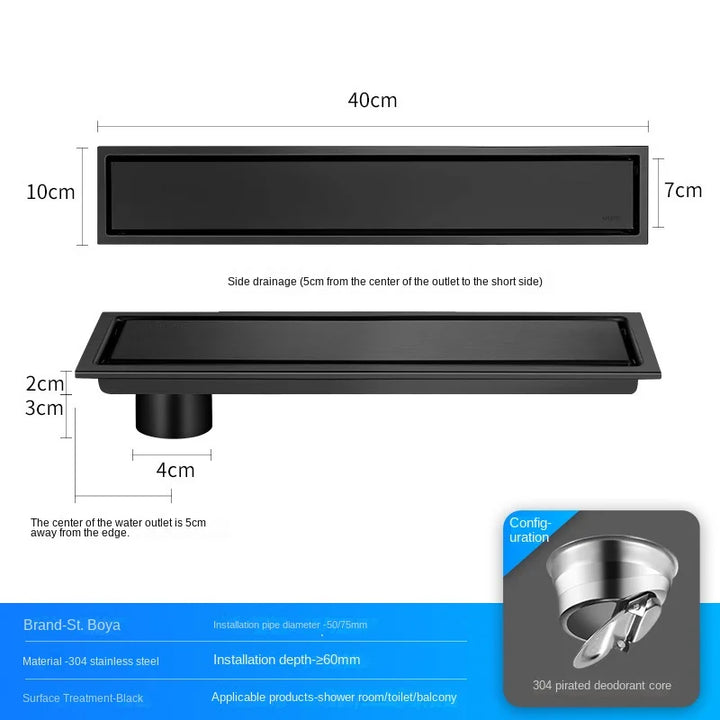 Luxury Hidden 304 Stainless Steel Rectangular Floor Drain Bathroom Toilet Drain Anti-Odor Filter Hair Extended Floor Drain
