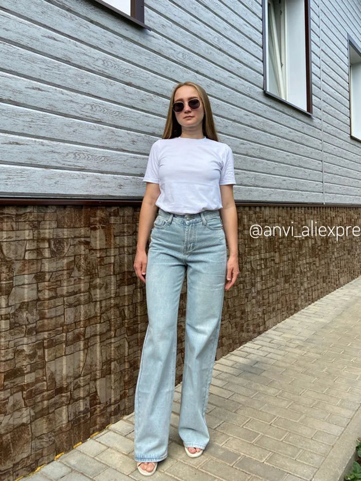 MiuKoMiYa Straight Leg Jeans For Women High Waist Gray Long Wide Denim Pants Vintage Blue Boyfriend Jeans