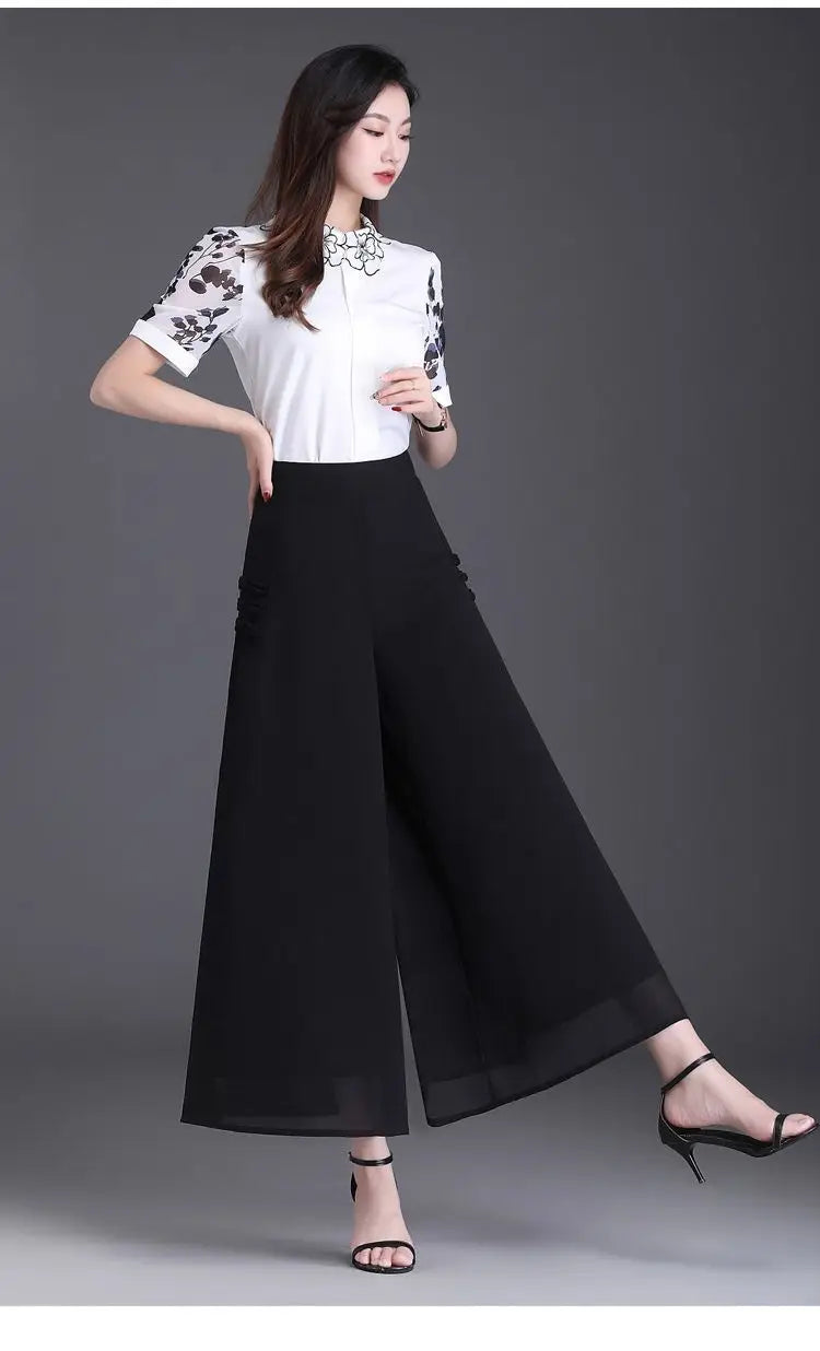 Thin Chinese Style Floral Chiffon Wide Leg Pants Women Tie Die Printed Button Loose High Waist Vintage Straight Trousers