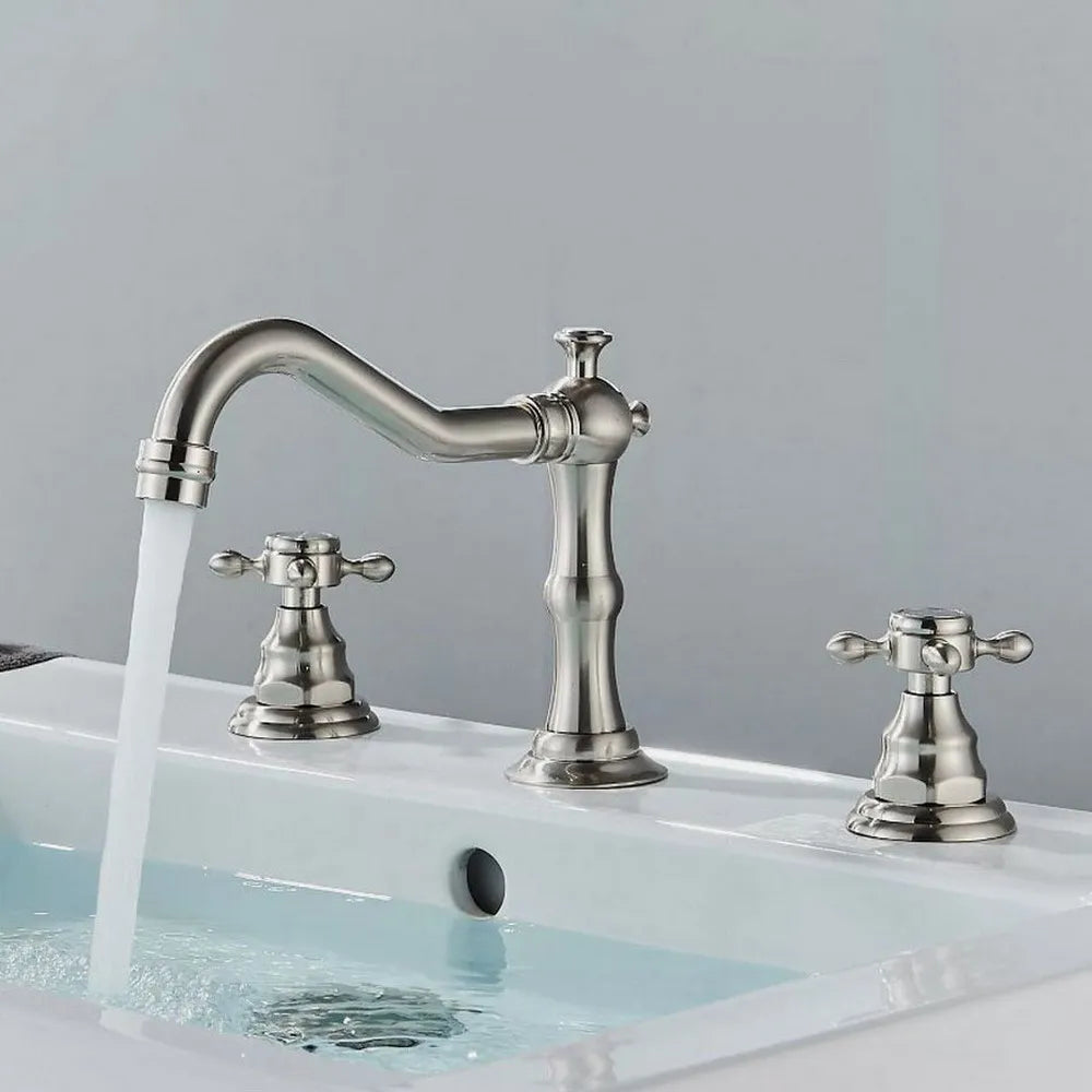Bathroom Basin Faucet 3 Hole Deck Mounted Dual Handle Hot Cold Mixer Water Tap Brass Basin Sink Faucet Nzh041