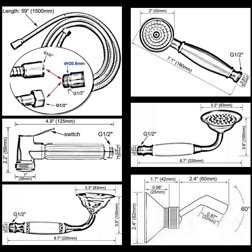 Polished Chrome Brass Bathroom Telephone Shape Hand Spray Handheld Shower head & 1.5m Shower Hose & Wall Bracket Lzh350