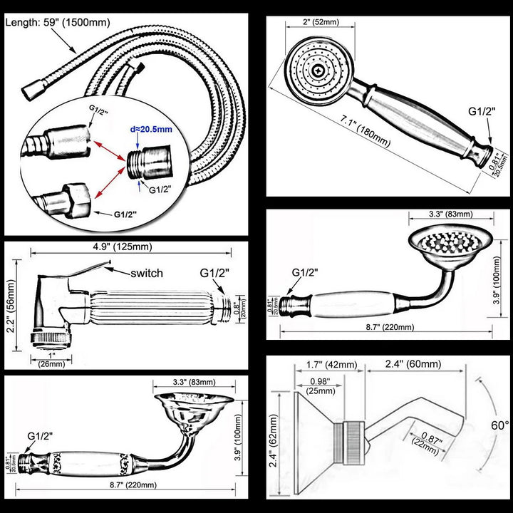 Polished Chrome Brass Bathroom Telephone Shape Hand Spray Handheld Shower head & 1.5m Shower Hose & Wall Bracket Lzh350