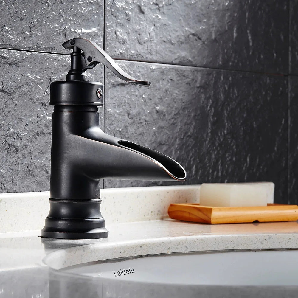 Copper antique brass washbasin hot and cold faucet European retro washbasin waterfall faucet single handle