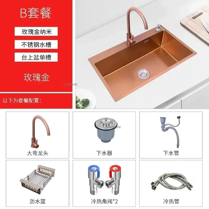 Rose Gold Stainless Steel Kitchen Sink Single Bowl Above Counter Vegetable Basin Modern Drain Storage Luxury
