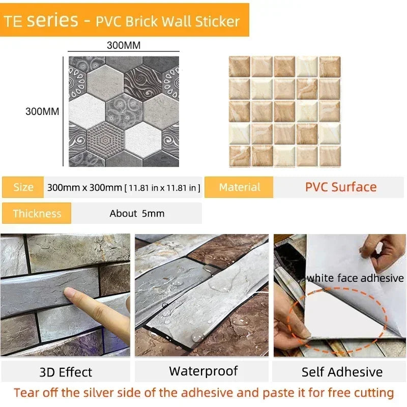 10/20PCS Imitation Brick Tile cobblestone Wall Stickers Water and Oil Proof for Kitchen Restaurant Tea room Relaxation area etc.