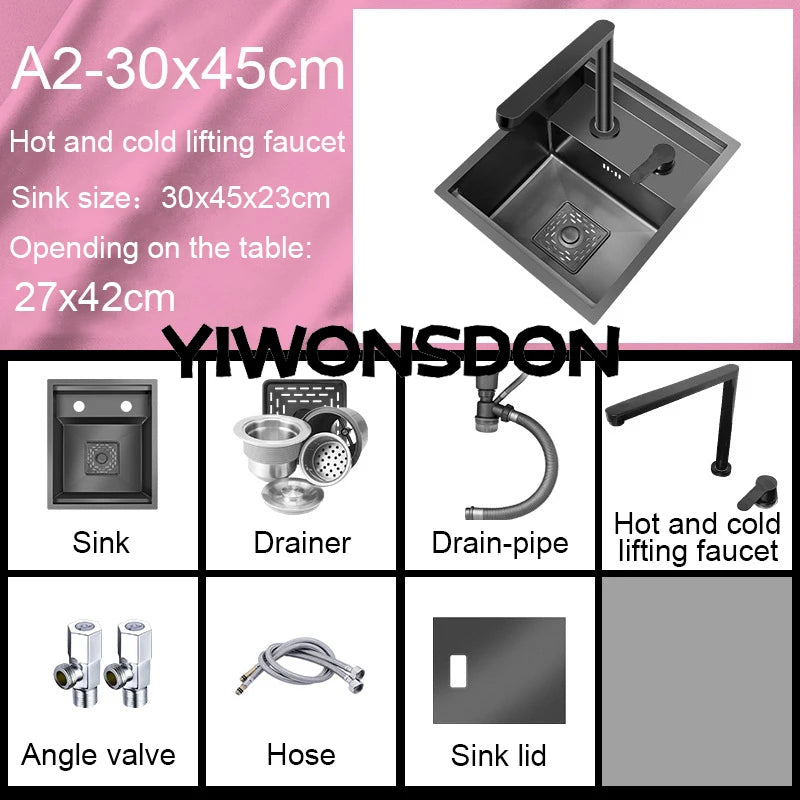Nano Hidden Bar Kitchen Sink Black Folding Faucet Mini Small Single Bowl Wash Basin Stainless Steel Soap Dispenser Accessories