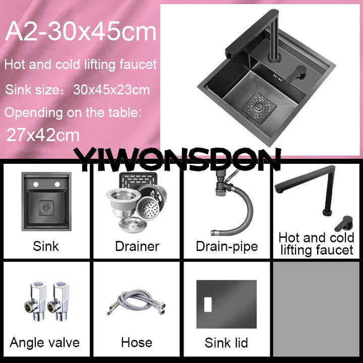 Nano Hidden Bar Kitchen Sink Black Folding Faucet Mini Small Single Bowl Wash Basin Stainless Steel Soap Dispenser Accessories