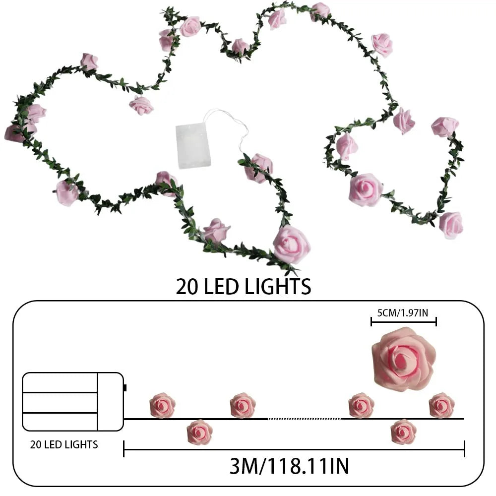 1PC 20/40 LED Rose Flower String Lights Battery Powered Flower Rose Night Lamp For Wedding Valentines Day Party Garland Decor