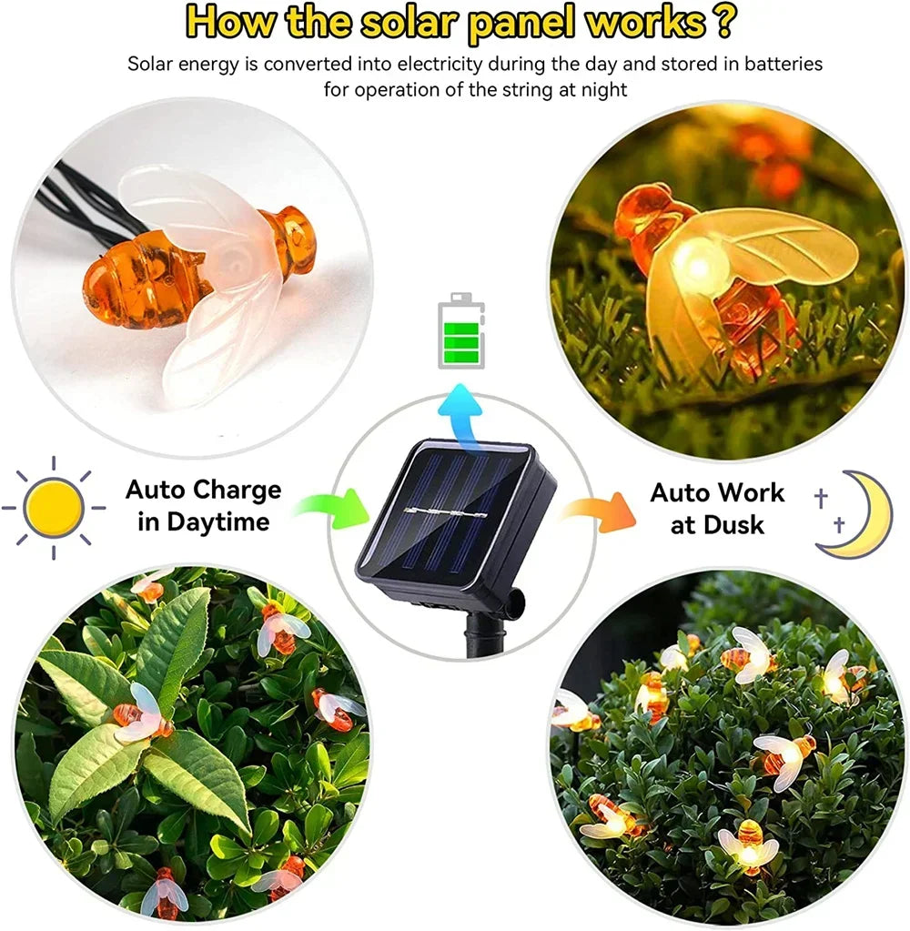 Solar Bee LED String Lights Outdoor Holiday Party Lighting Night Lamp for Garden
