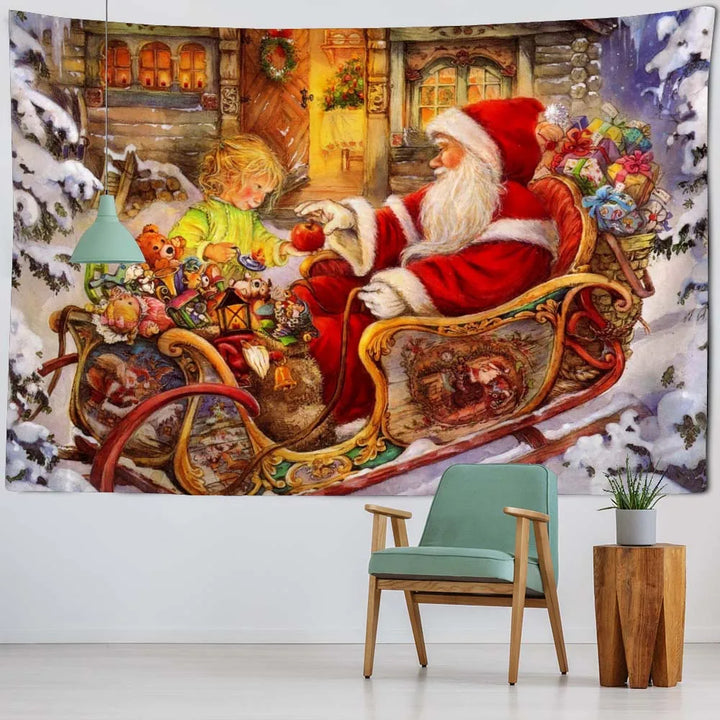 Christmas tapestry, winter snow view, Santa Claus, elk fireplace, room art decoration, wall hanging cloth,