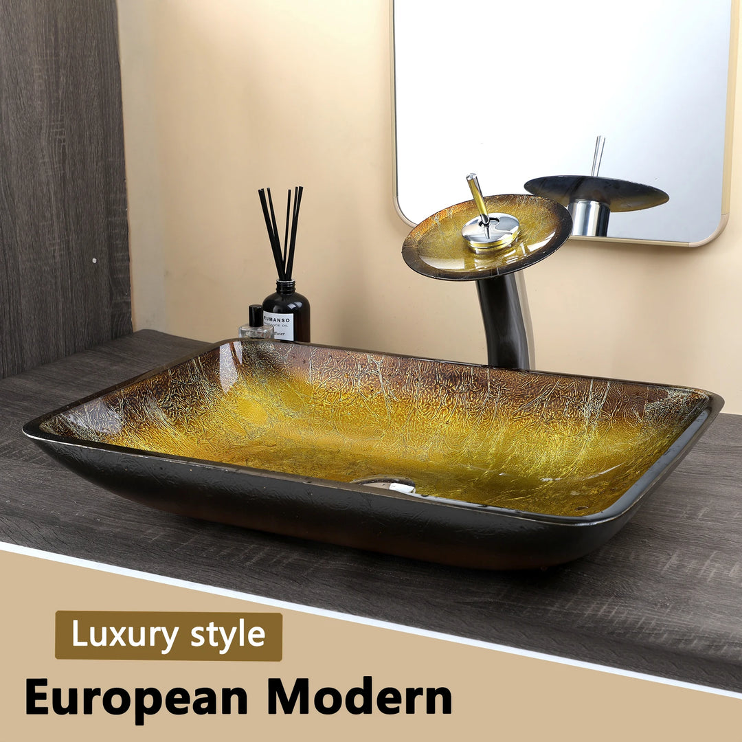 KEMAIDI Big Tempered Glass Basin Sink Washbasin Bathroom Vessel Sinks Counter Top Bowl Washroom Vessel Vanity Sink Faucet Set