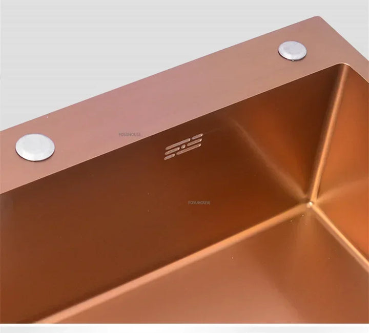 Rose Gold Stainless Steel Kitchen Sink Single Bowl Above Counter Vegetable Basin Modern Drain Storage Luxury
