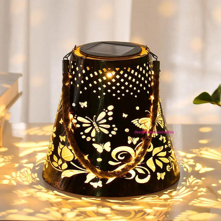 New solar butterfly projection light wrought iron hollow lantern garden atmosphere decorative light